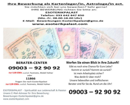 Kartenlegen Job Jobangebot Esoterikline Hellsehen Berater werden Astrologie - Ho